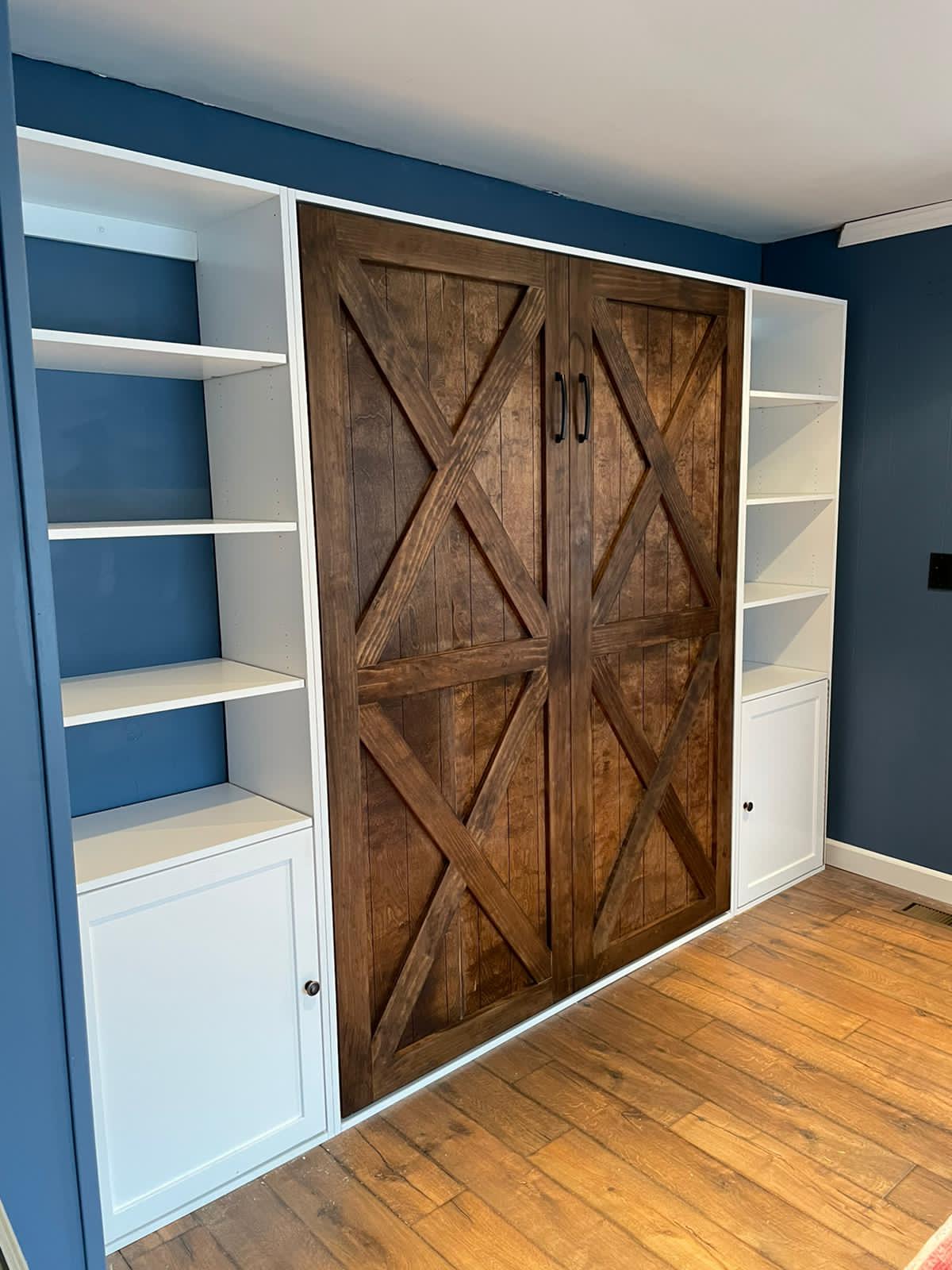 #01 Rustic Barn Style Queen Size Murphy Bed with Side Storage Cabinets.