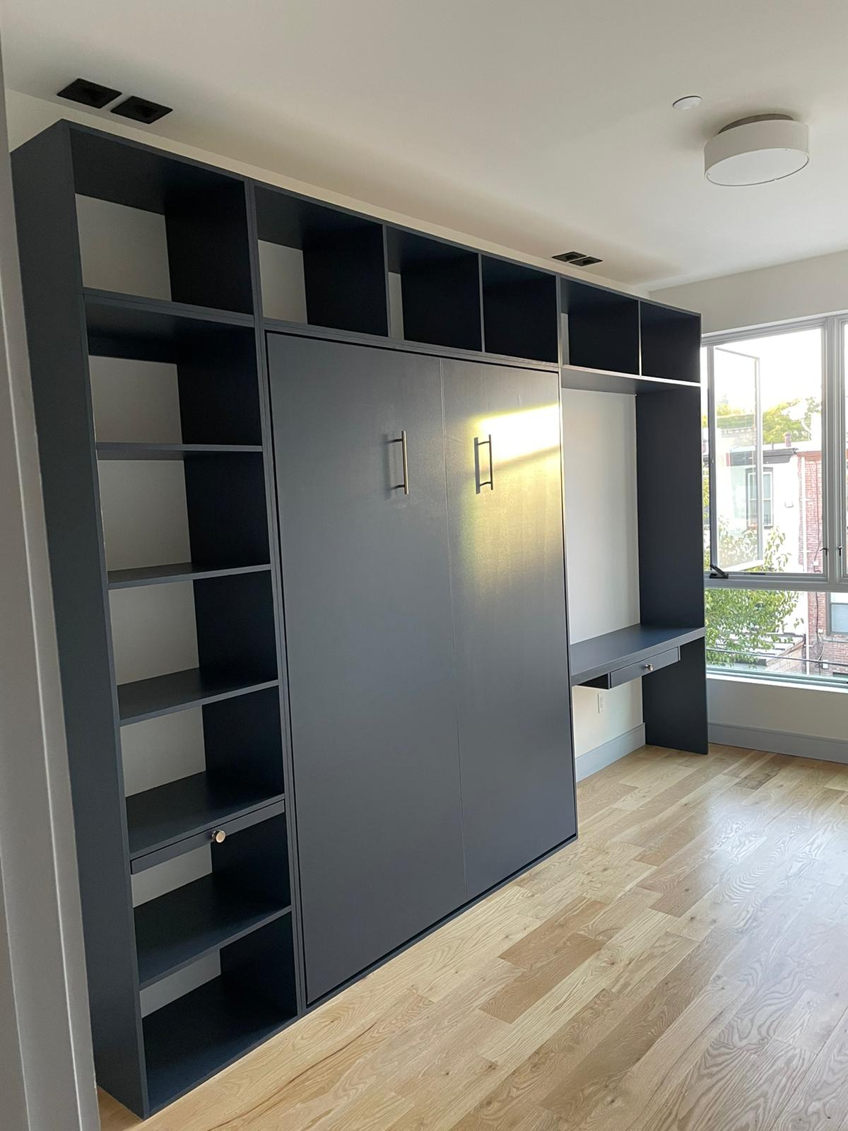 #07 Custom Built Murphy Bed Wall Unit with Shelves and Desk. Queen