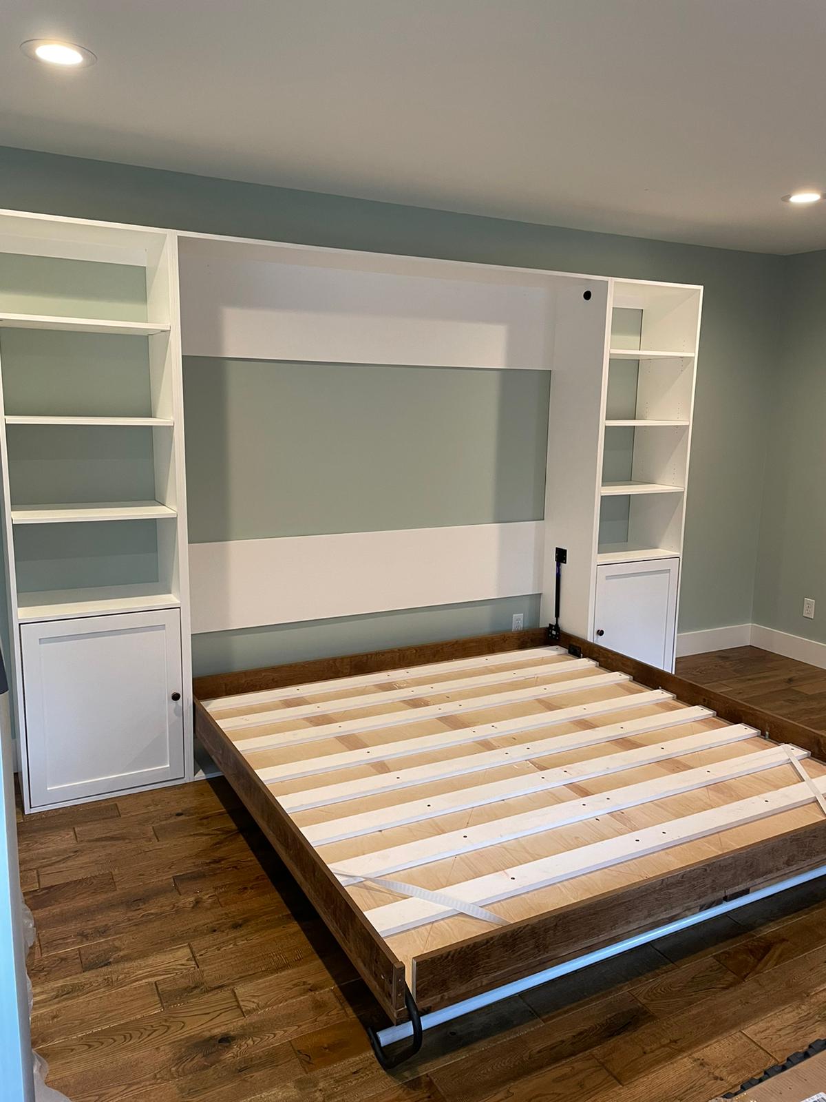 #32 King Size Murphy Bed with White Side Shelves and Bottom Cabinets