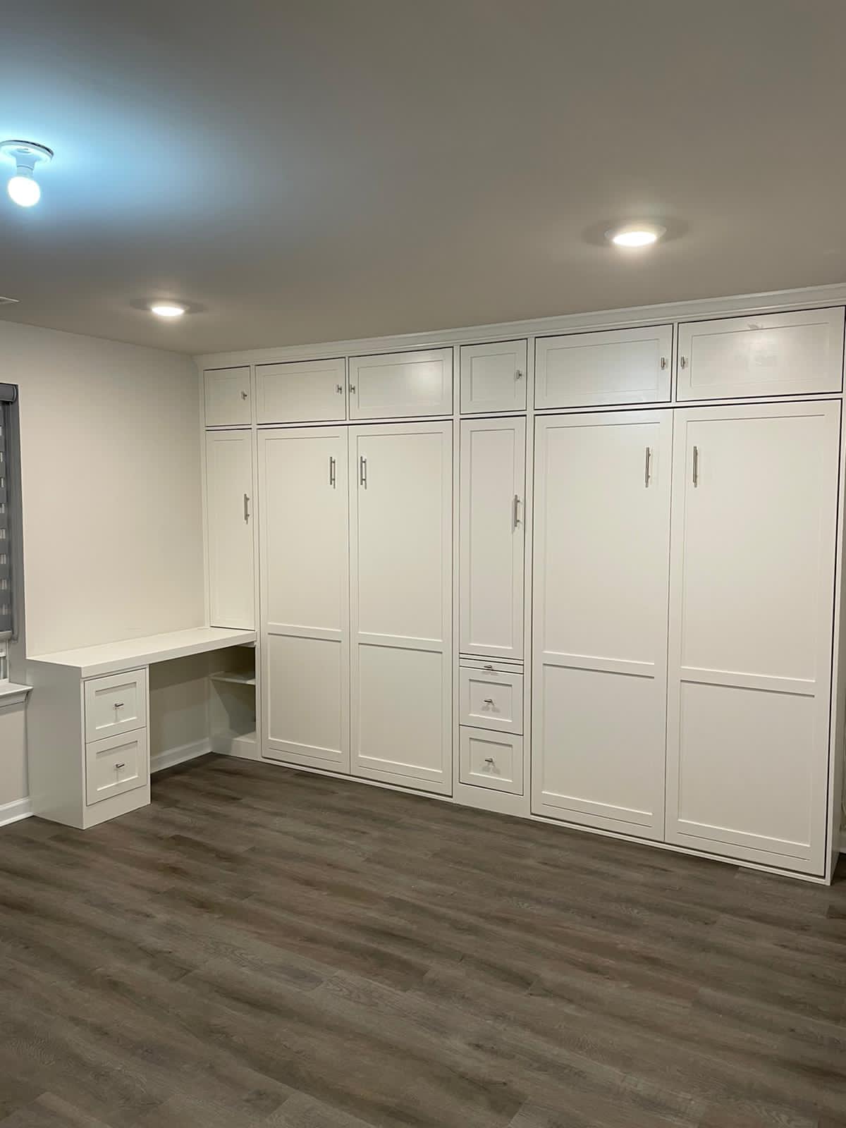 #40 Twin Size, Murphy Beds with Upper and Side Storage. And Side Desk. And Lights