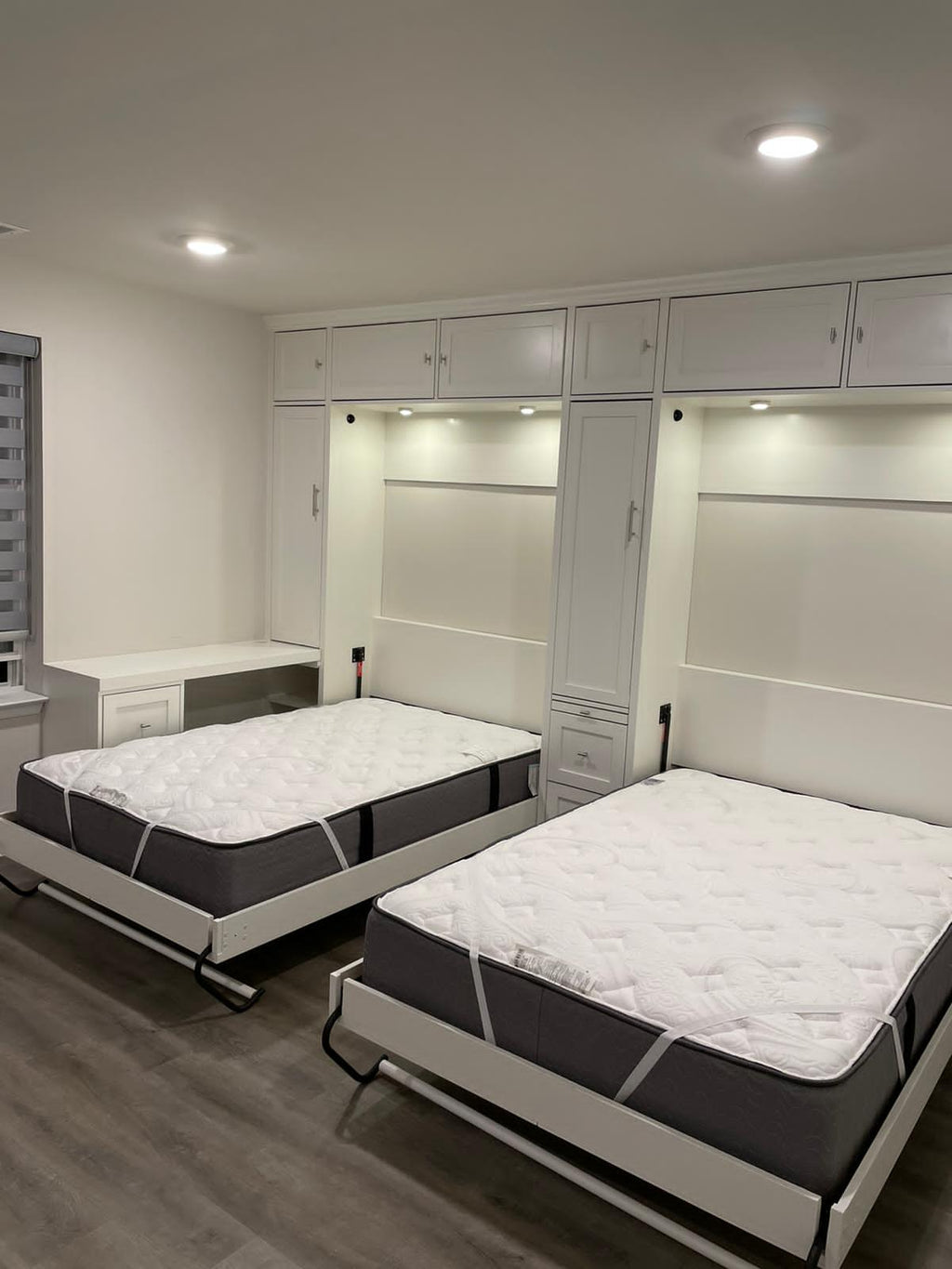 #40 Twin Size, Murphy Beds with Upper and Side Storage. And Side Desk. And Lights