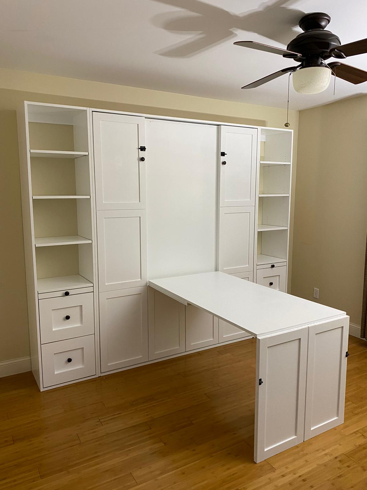 #09 Queen Shaker Style Murphy Bed with Storage Cabinets and Large Table