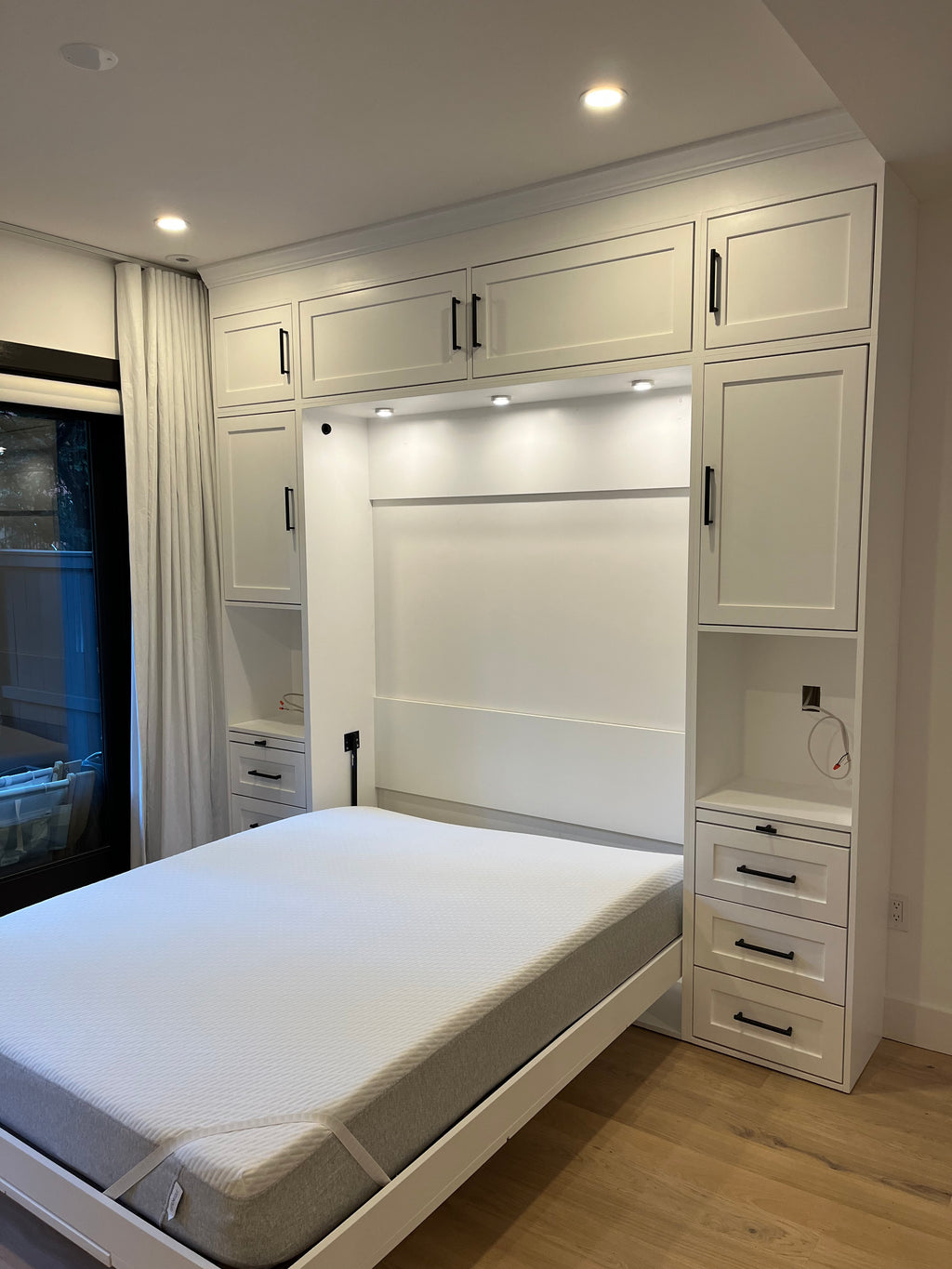 #08 Custom Built-In Queen Murphy Bed with Table. Upper and Side Storage with Doors