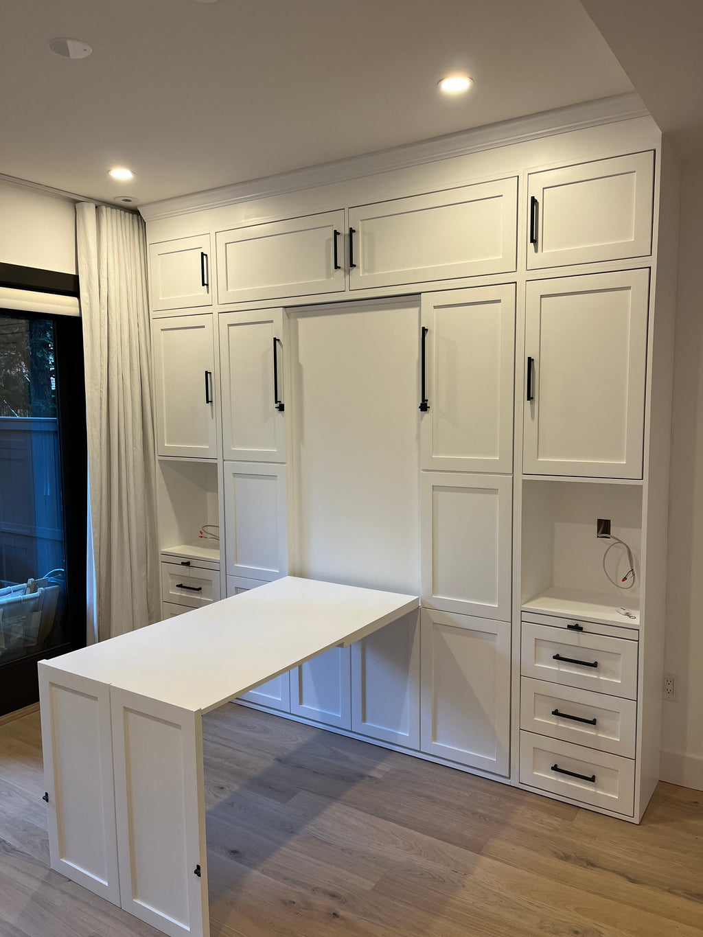 #08 Custom Built-In Queen Murphy Bed with Table. Upper and Side Storage with Doors