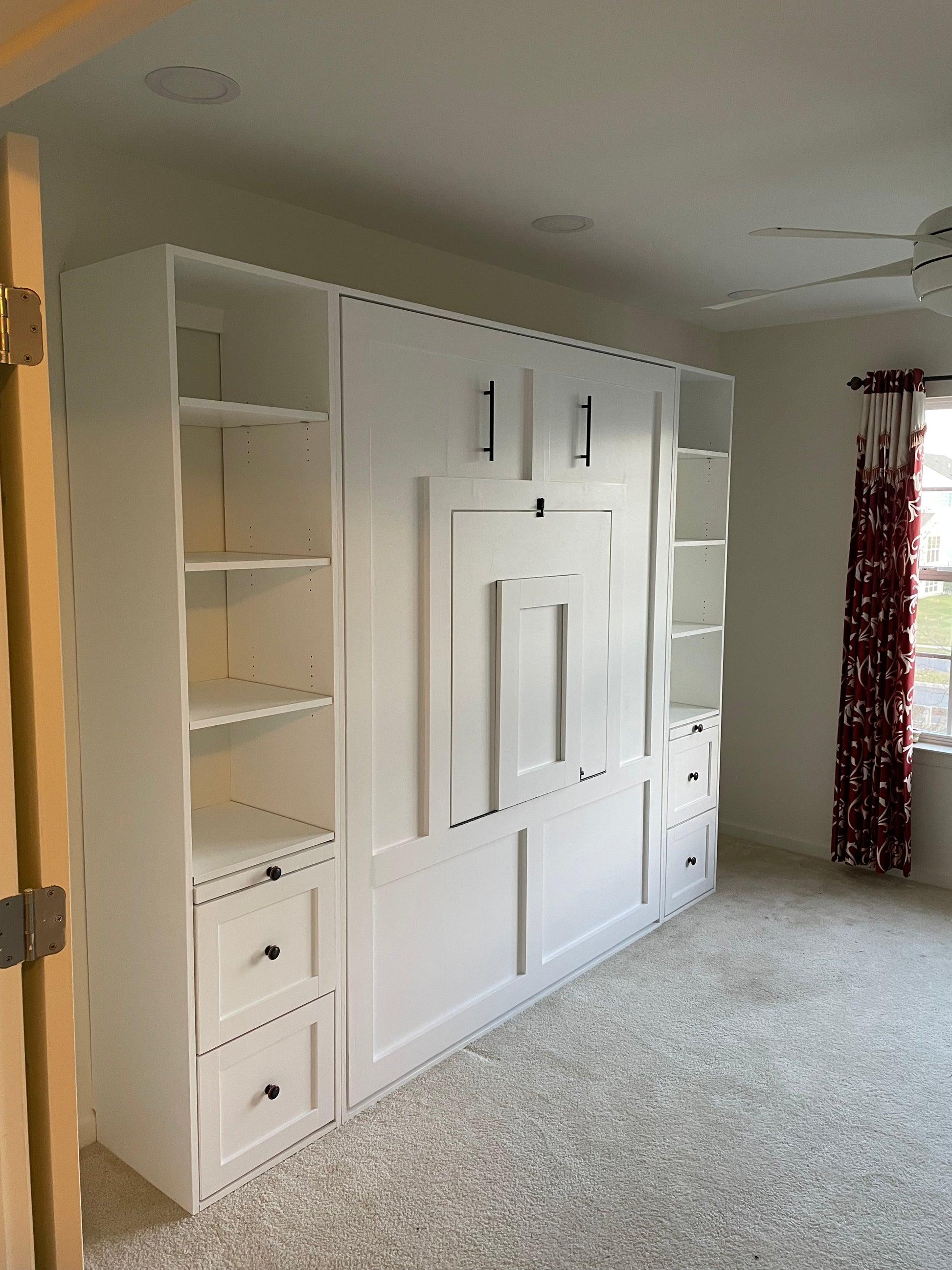 #13 Queen Murphy Bed with Shorter Desk. With Open Shelves and Bottom Drawers