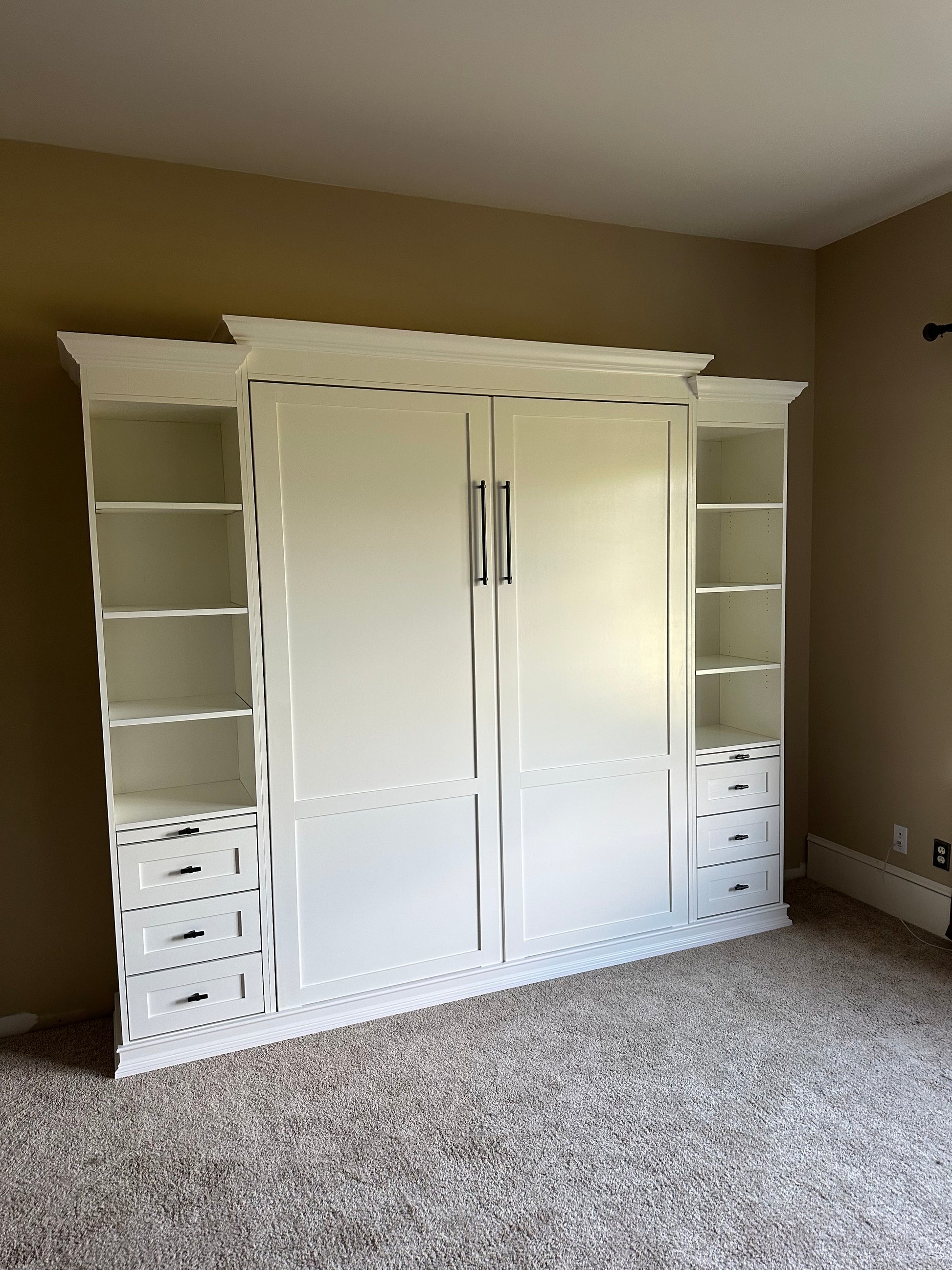 #25 Queen Murphy Bed with Storage Cabinets. Bottom Drawers and Crown Molding