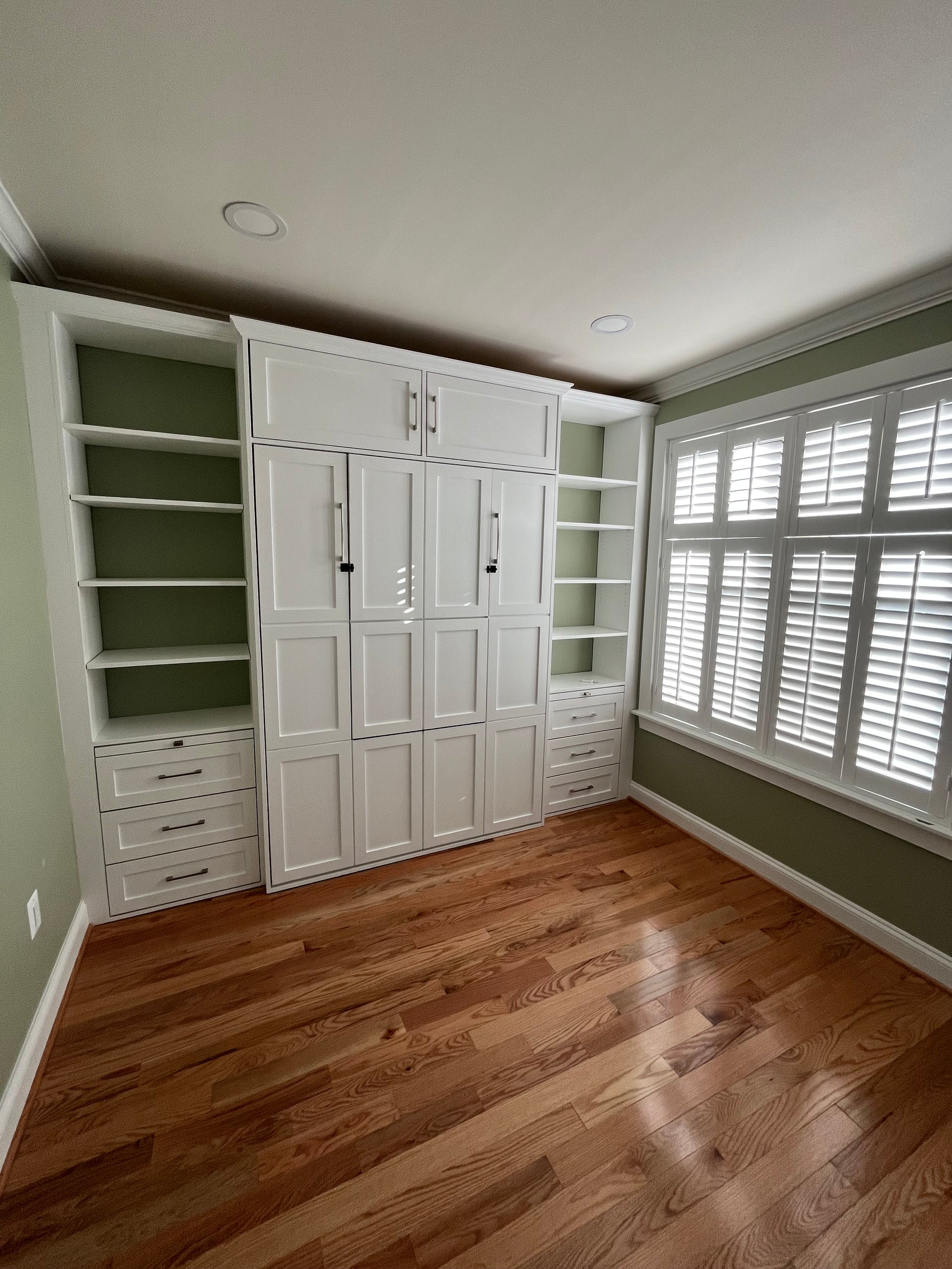 #33 Full Size Murphy Bed with Custom Size Shelves, Upper Cabinets and Drawers.