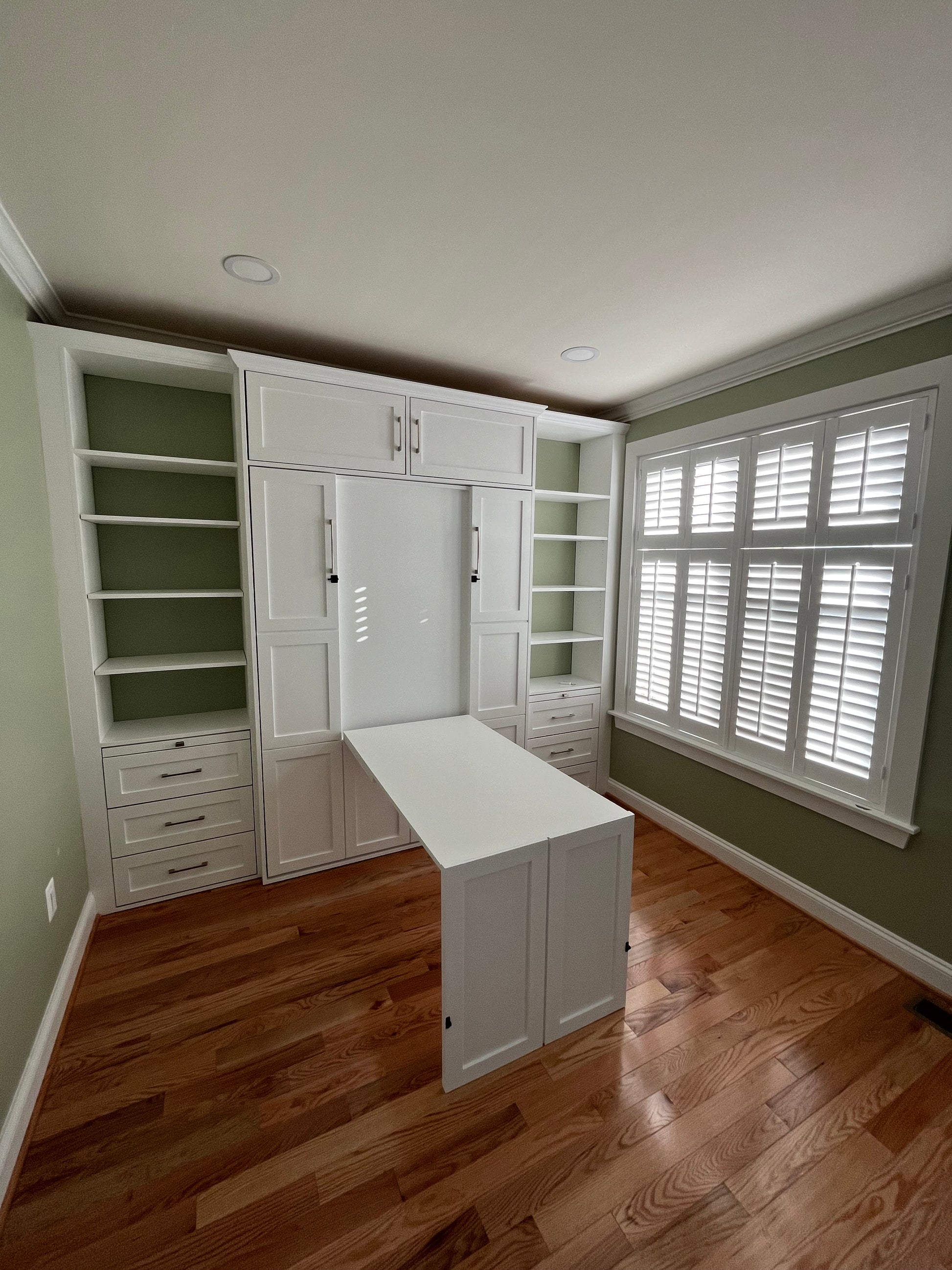 #33 Full Size Murphy Bed with Custom Size Shelves, Upper Cabinets and Drawers.