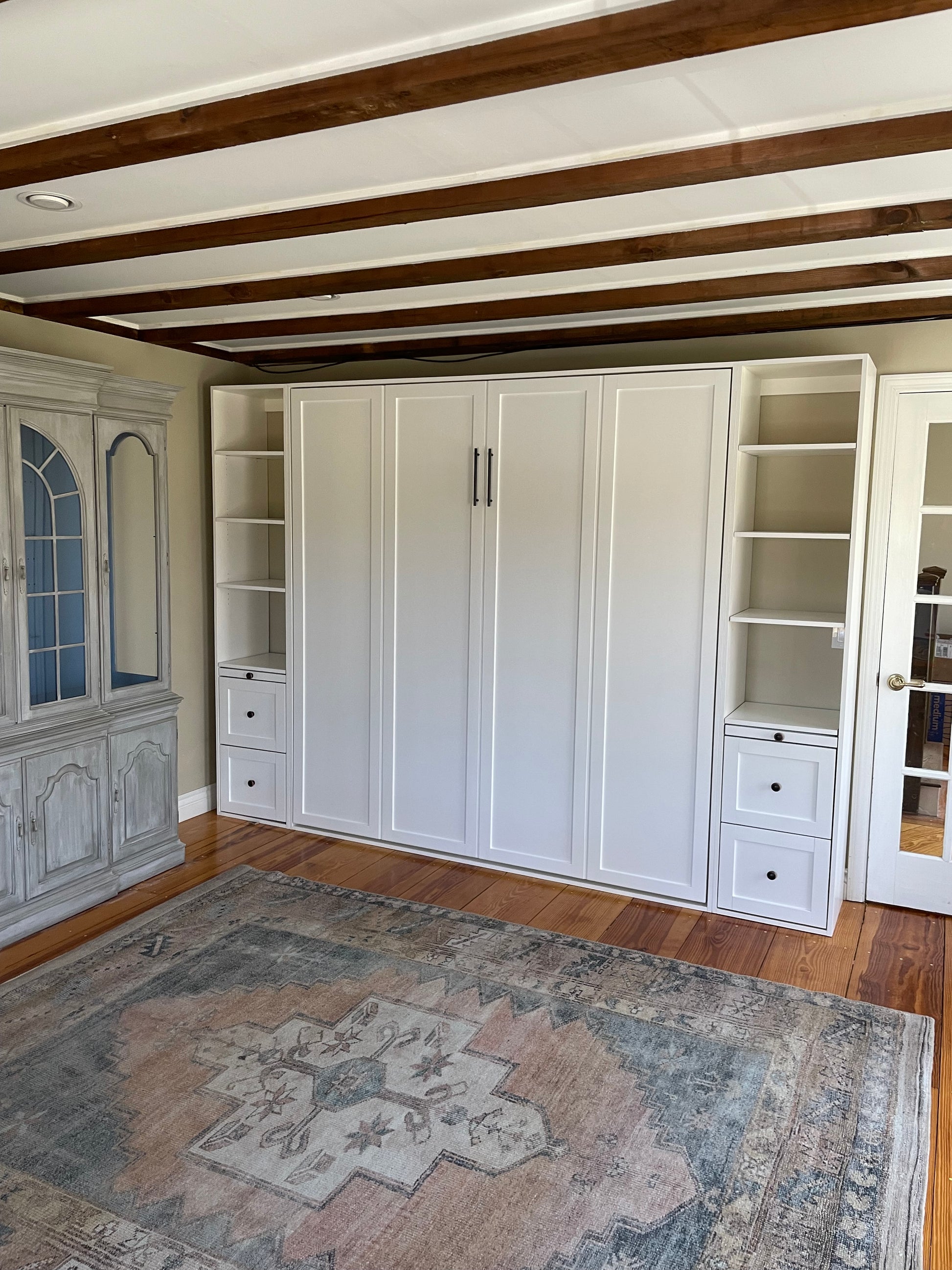 #16 King Size Murphy Bed with Open Side Shelves and Bottom Drawers