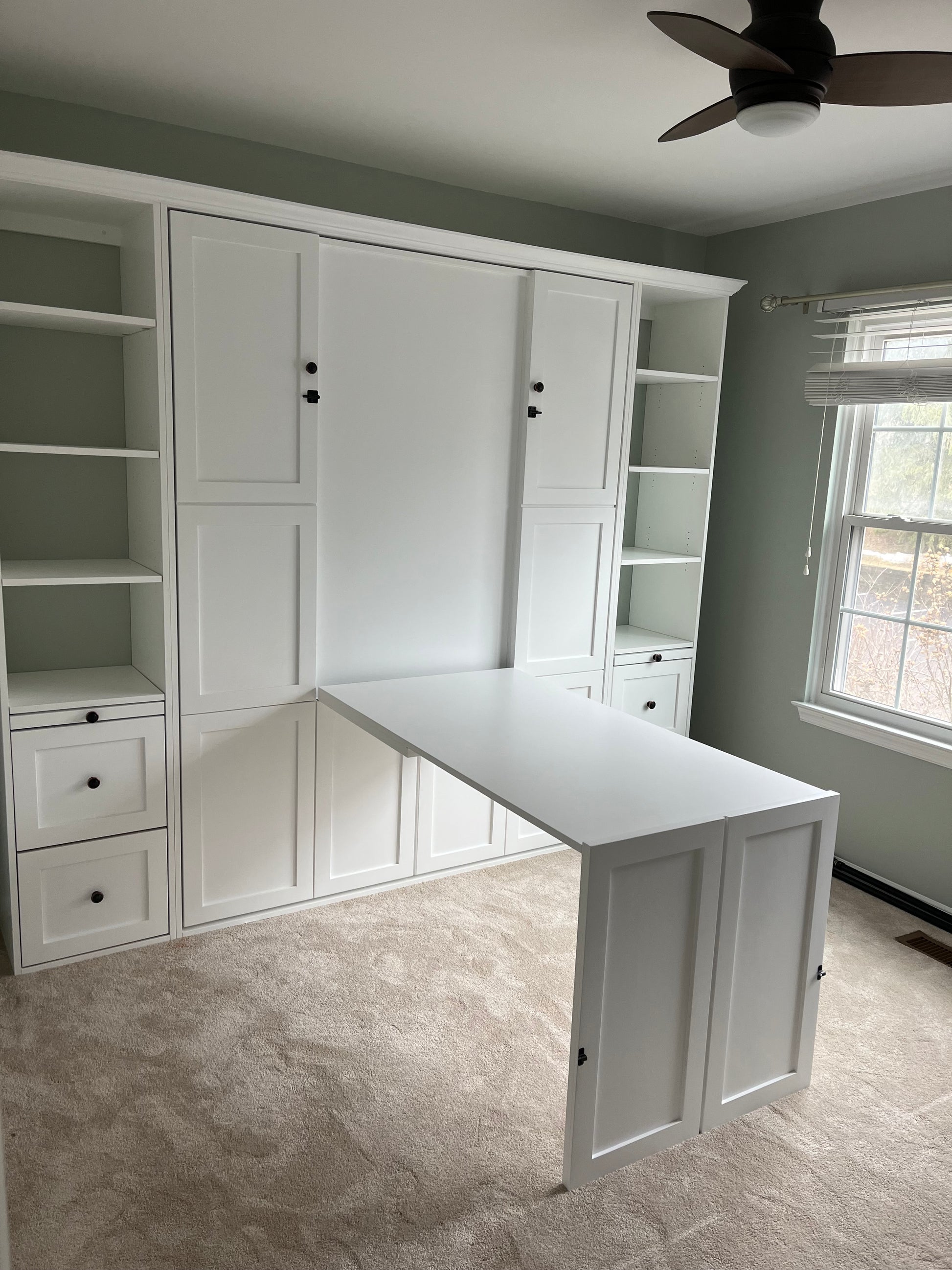 #37 Queen Murphy Bed with Extended Desk and Side Storage Cabinets. Solid Wood