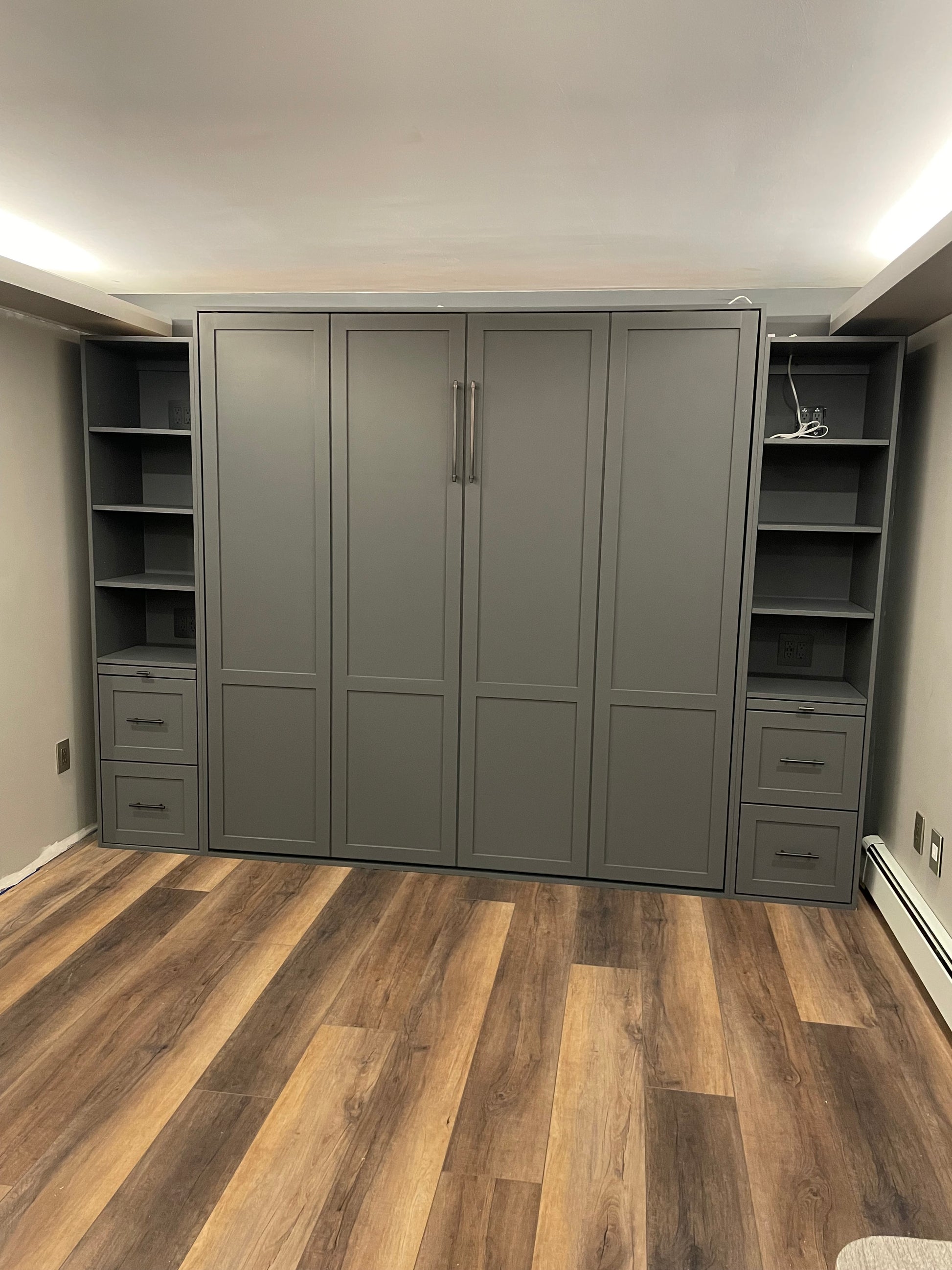 #31 King Size Murphy Bed Shaker Style with Side Shelves and Bottom Drawers