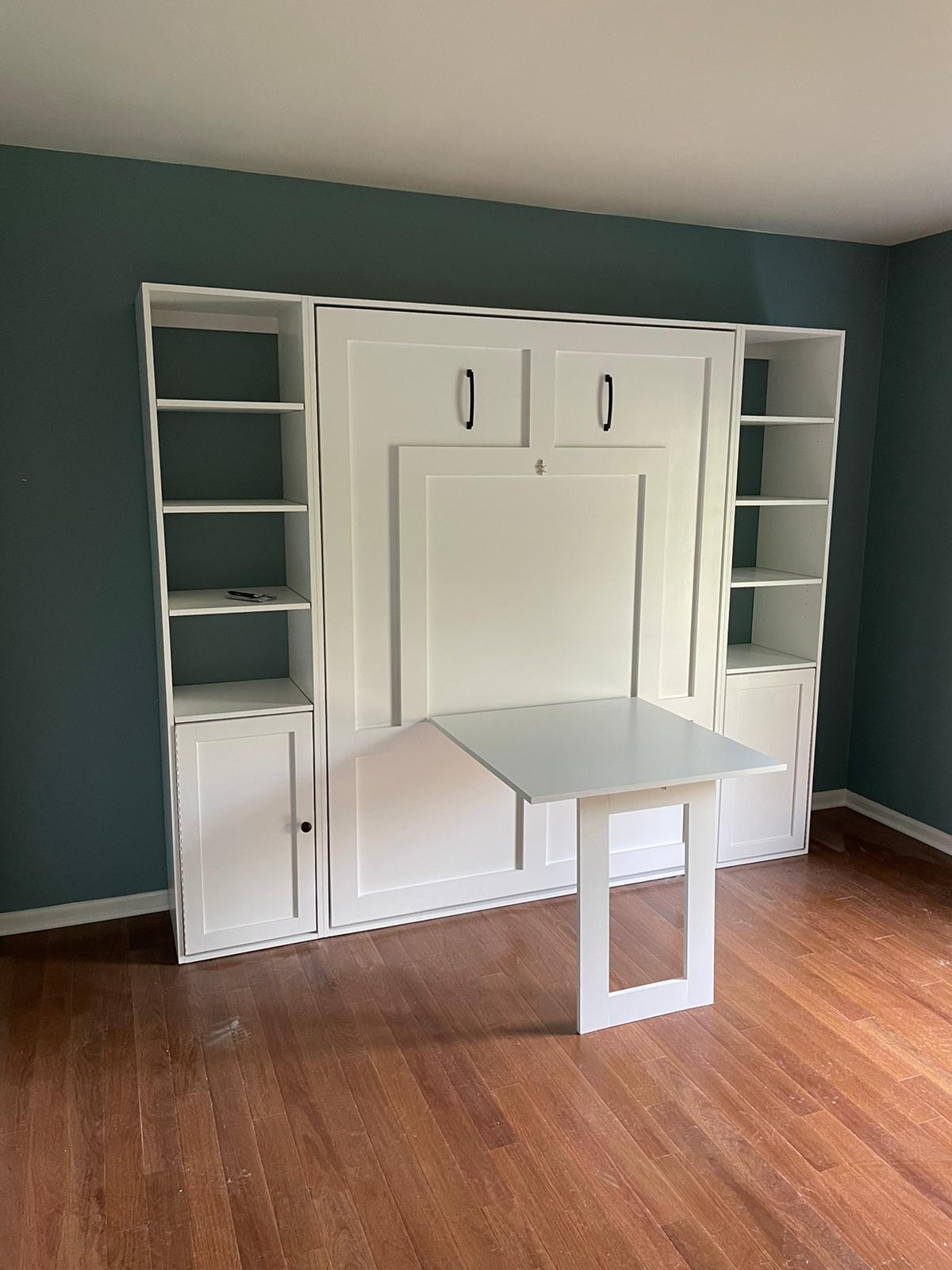 #28 Full Size Solid Murphy Bed with Side Shelves and Bottom Cabinets