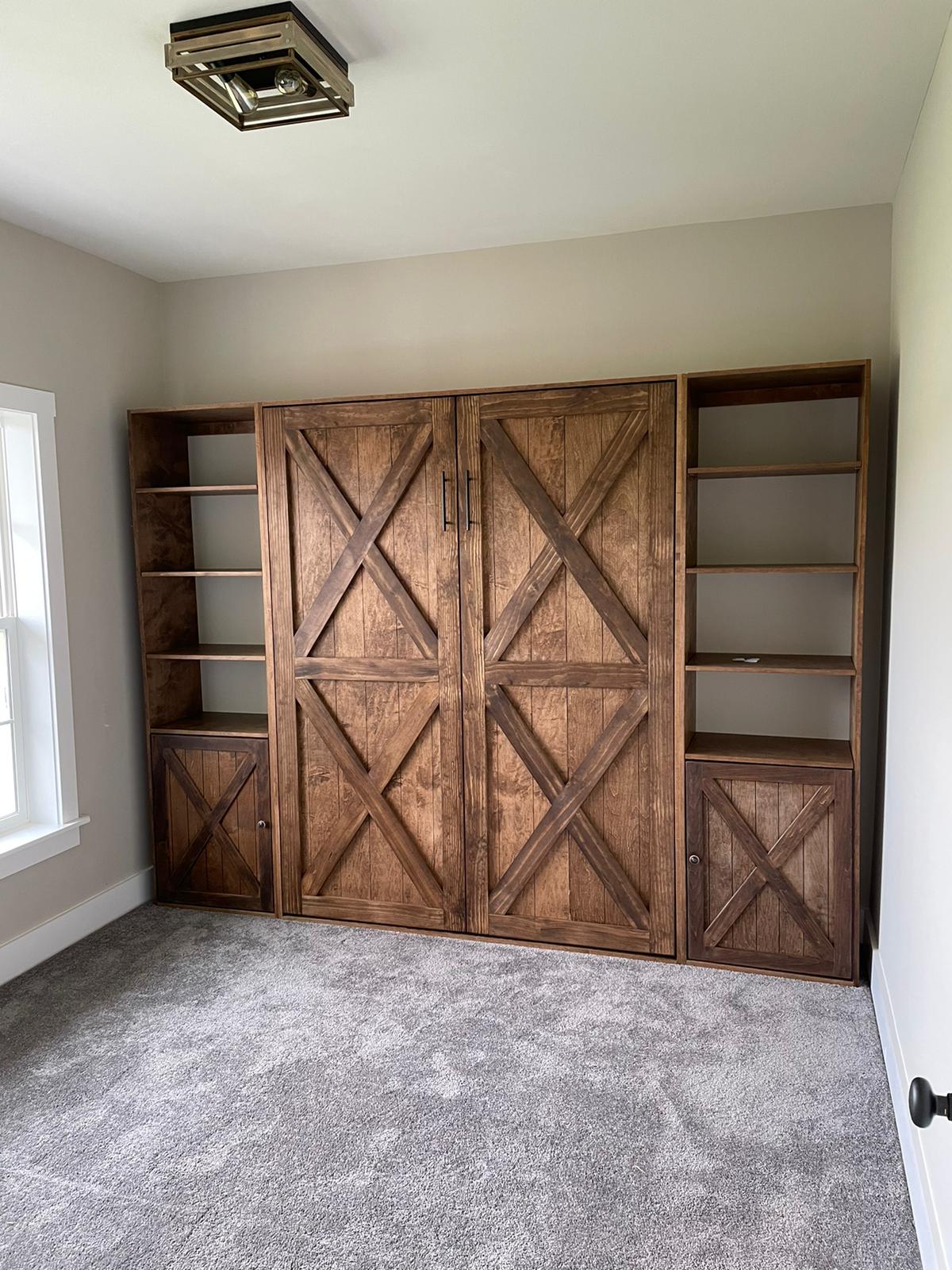 #26 Queen Size Rustic Barn Style Murphy Bed with Bottom Cabinets
