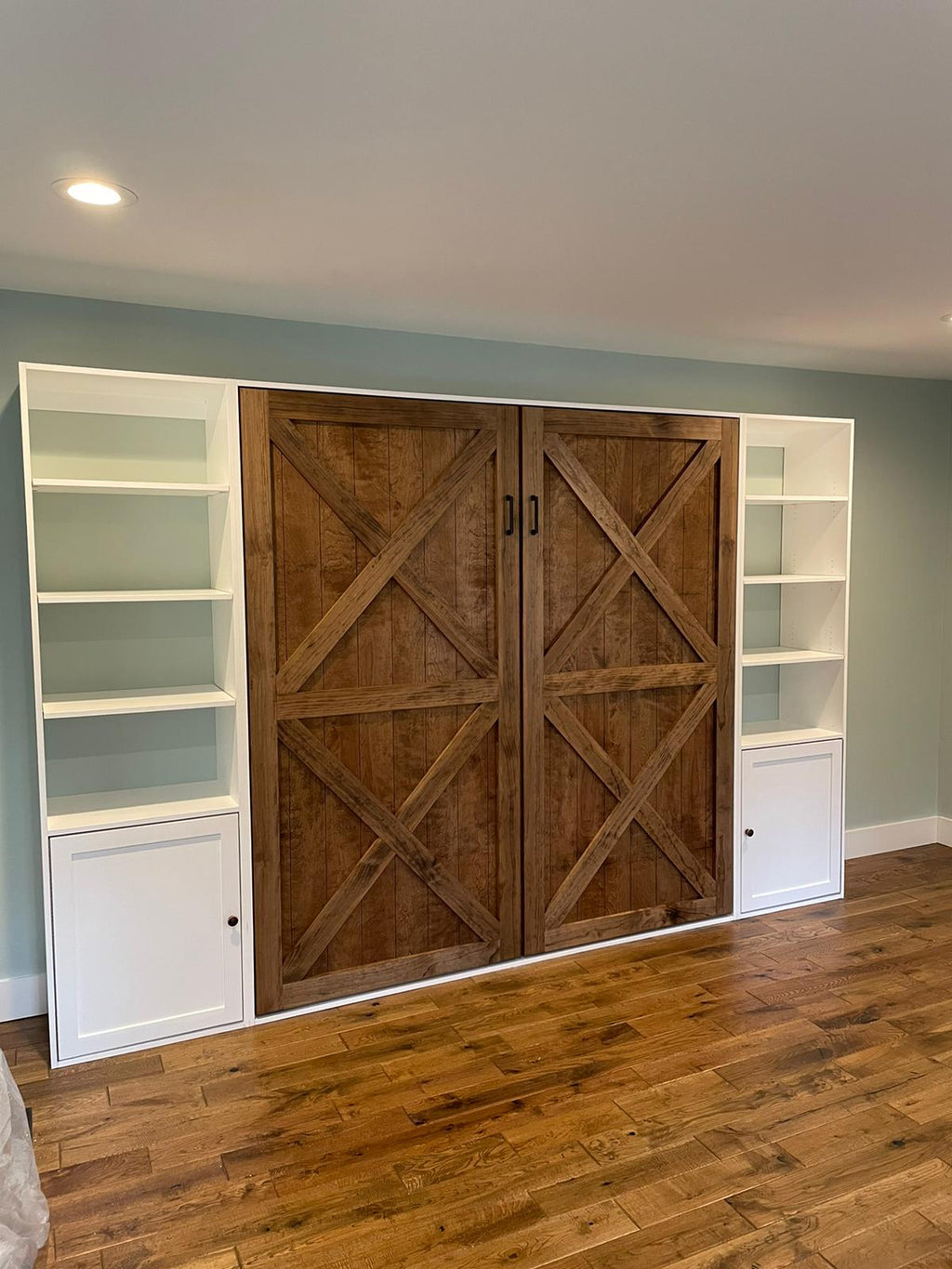 #32 King Size Murphy Bed with White Side Shelves and Bottom Cabinets