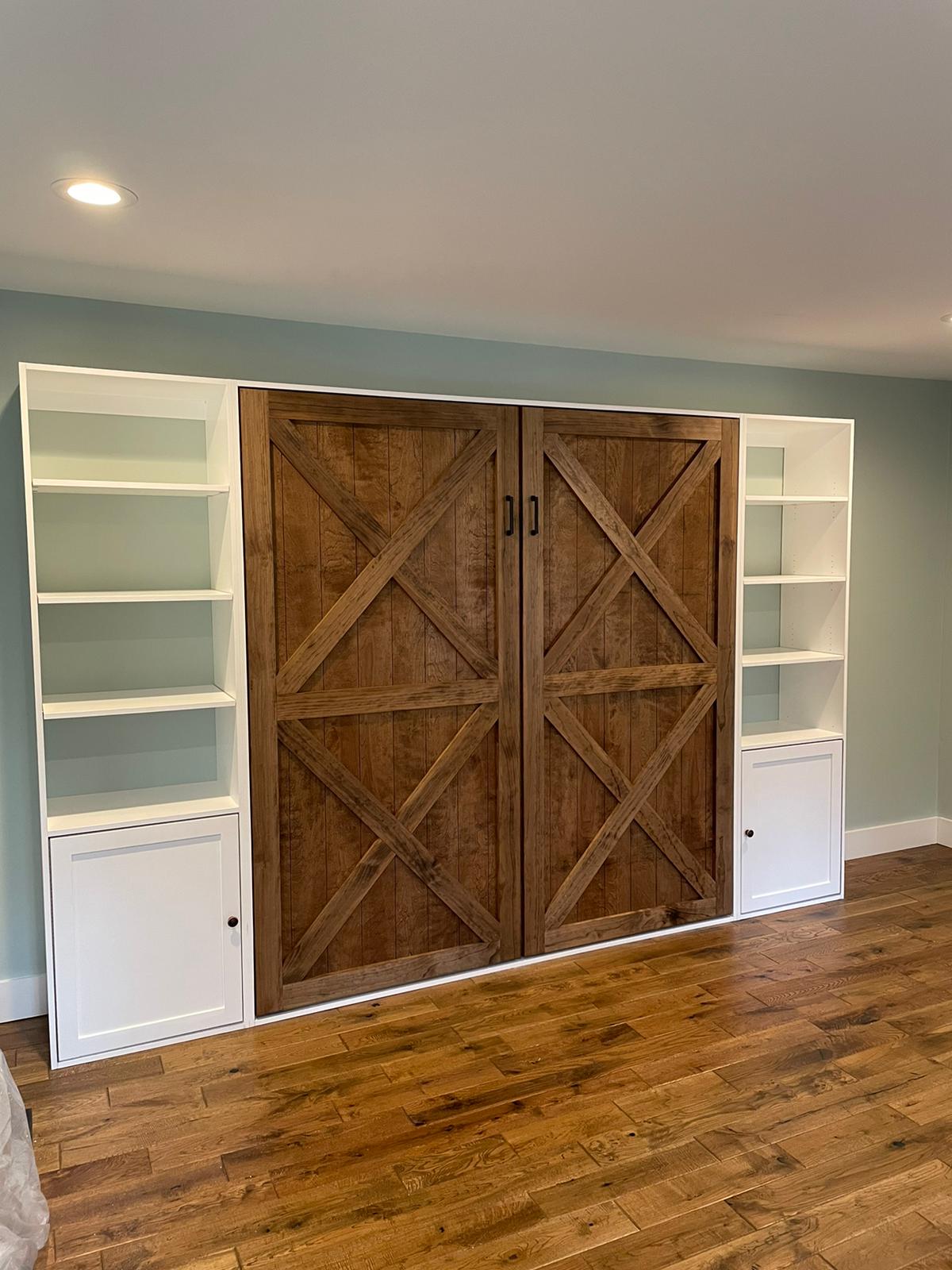 #32 King Size Murphy Bed with White Side Shelves and Bottom Cabinets